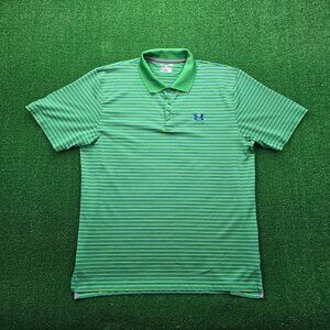 Under Armour Polo Shirt Mens Large Green Striped Golf Club Performance Heat Gear